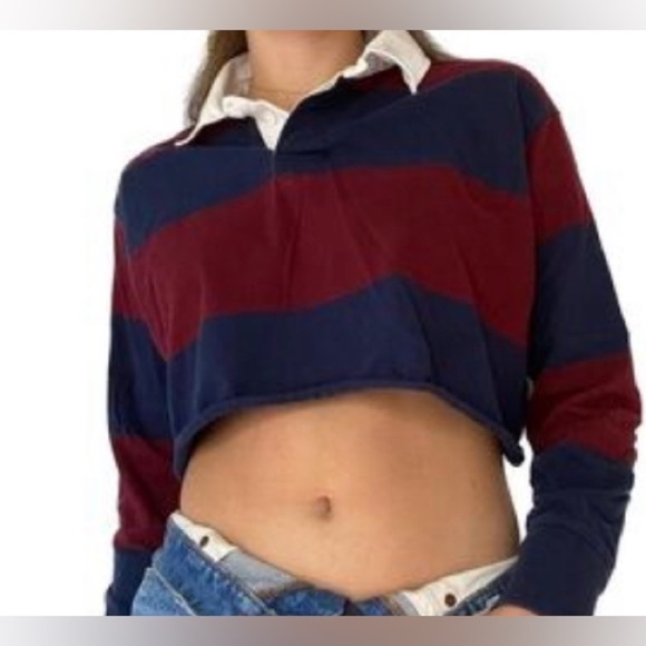 American Eagle Rugby Striped Burgundy Navy Collared Cropped Tee Size Medium NWT - Picture 1 of 4